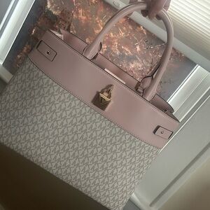 Pink and Gray Tote Bags with Structured Design and Gold Hardware